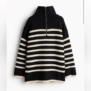 H&M WOMENS RIB KNIT HALF ZIP BLACK WHITE STRIPE SWEATER XS